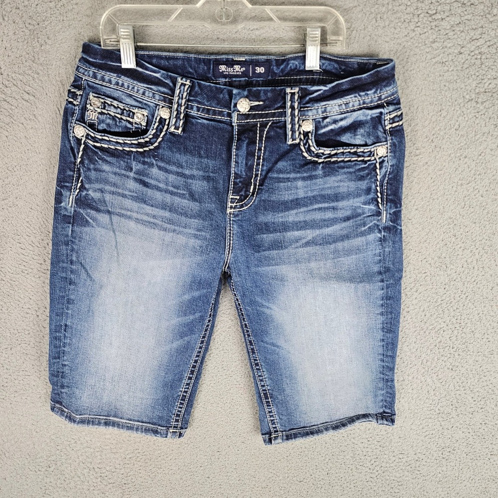 Miss Me Denim Shorts Men 30 Blue Dark Wash Contrast Stitch Embellished